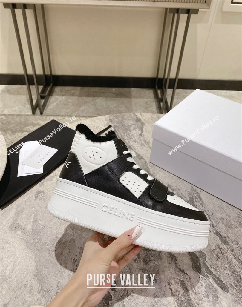 Celine CT-02 Platform Mid Sneakers Velcro in Calfskin and Wool White/Black 2024 CE101201 (KL-241012010)