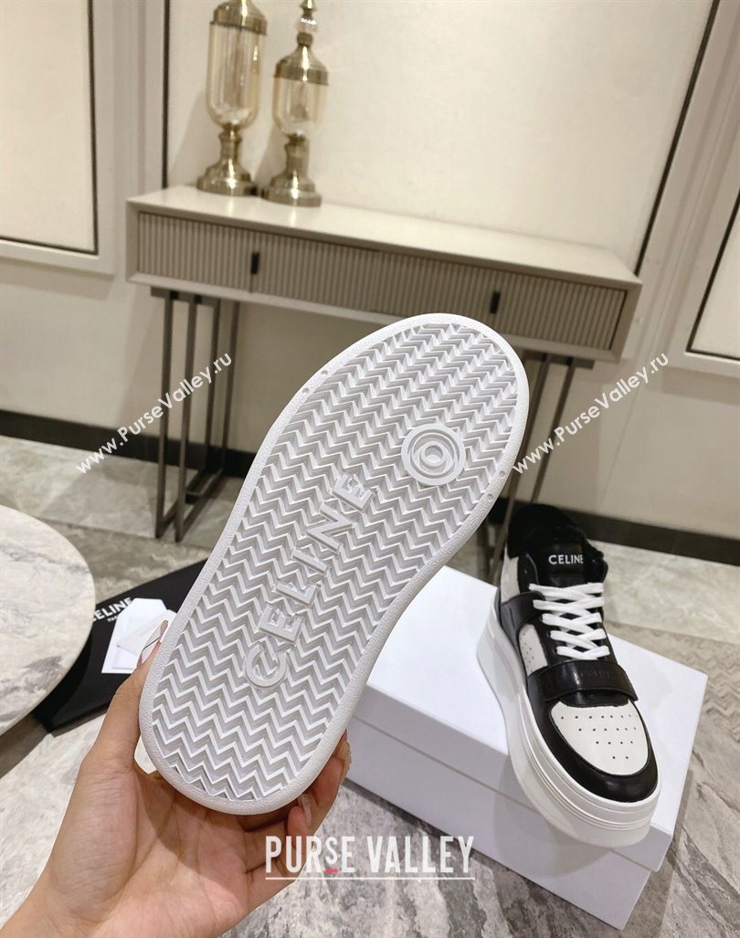 Celine CT-02 Platform Mid Sneakers Velcro in Calfskin and Wool White/Black 2024 CE101201 (KL-241012010)