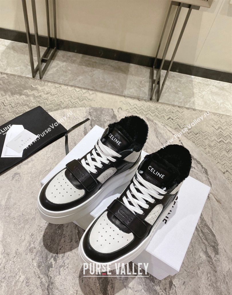 Celine CT-02 Platform Mid Sneakers Velcro in Calfskin and Wool White/Black 2024 CE101201 (KL-241012010)