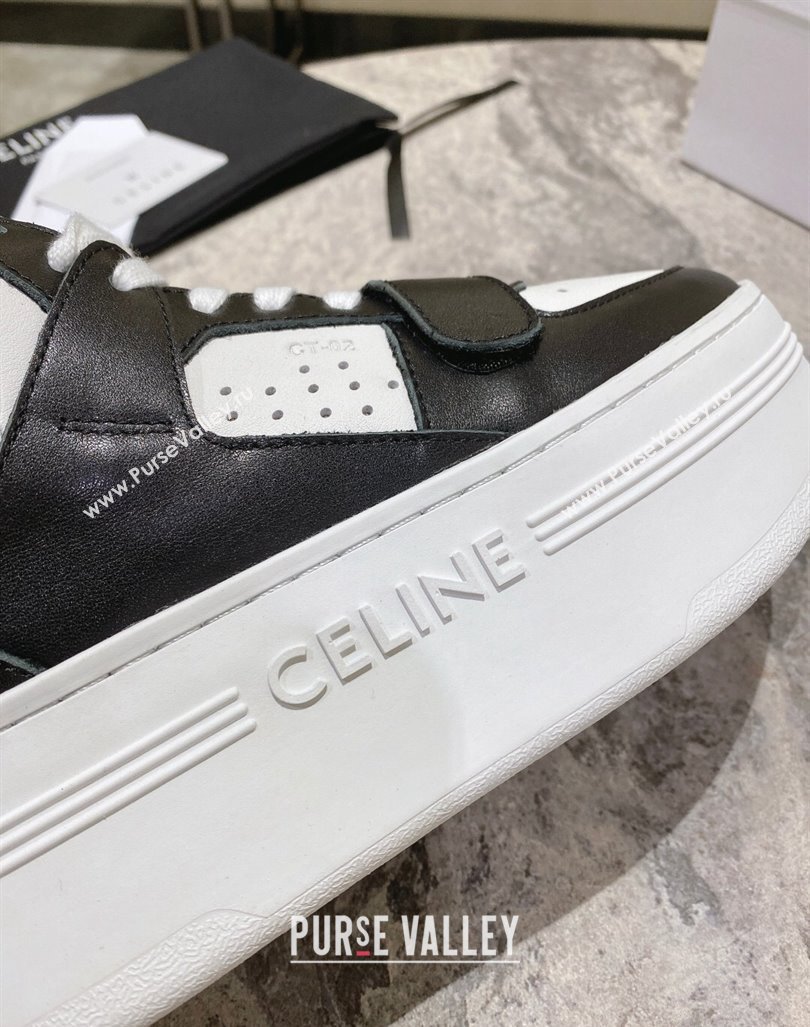 Celine CT-02 Platform Mid Sneakers Velcro in Calfskin and Wool White/Black 2024 CE101201 (KL-241012010)