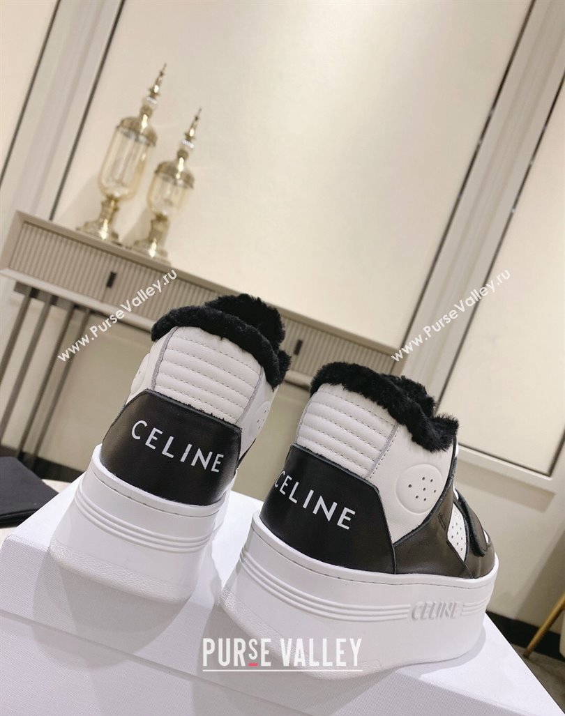 Celine CT-02 Platform Mid Sneakers Velcro in Calfskin and Wool White/Black 2024 CE101201 (KL-241012010)