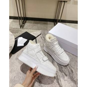 Celine CT-02 Platform Mid Sneakers Velcro in Calfskin and Wool White Leather 2024 CE101201 (KL-241012011)