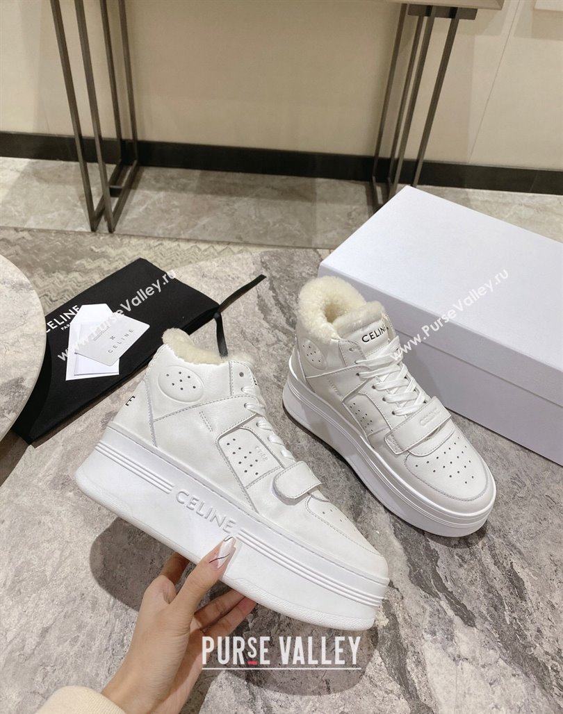 Celine CT-02 Platform Mid Sneakers Velcro in Calfskin and Wool White Leather 2024 CE101201 (KL-241012011)