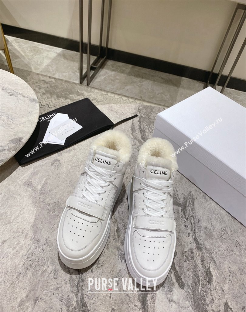 Celine CT-02 Platform Mid Sneakers Velcro in Calfskin and Wool White Leather 2024 CE101201 (KL-241012011)