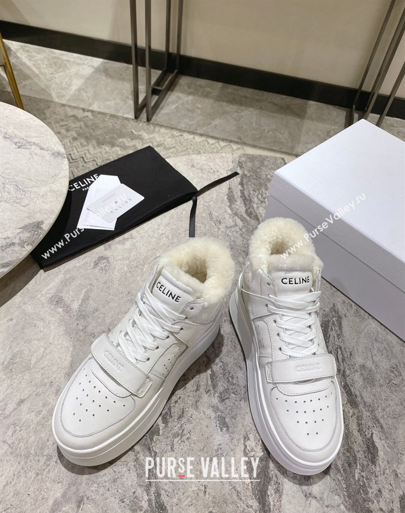 Celine CT-02 Platform Mid Sneakers Velcro in Calfskin and Wool White Leather 2024 CE101201 (KL-241012011)