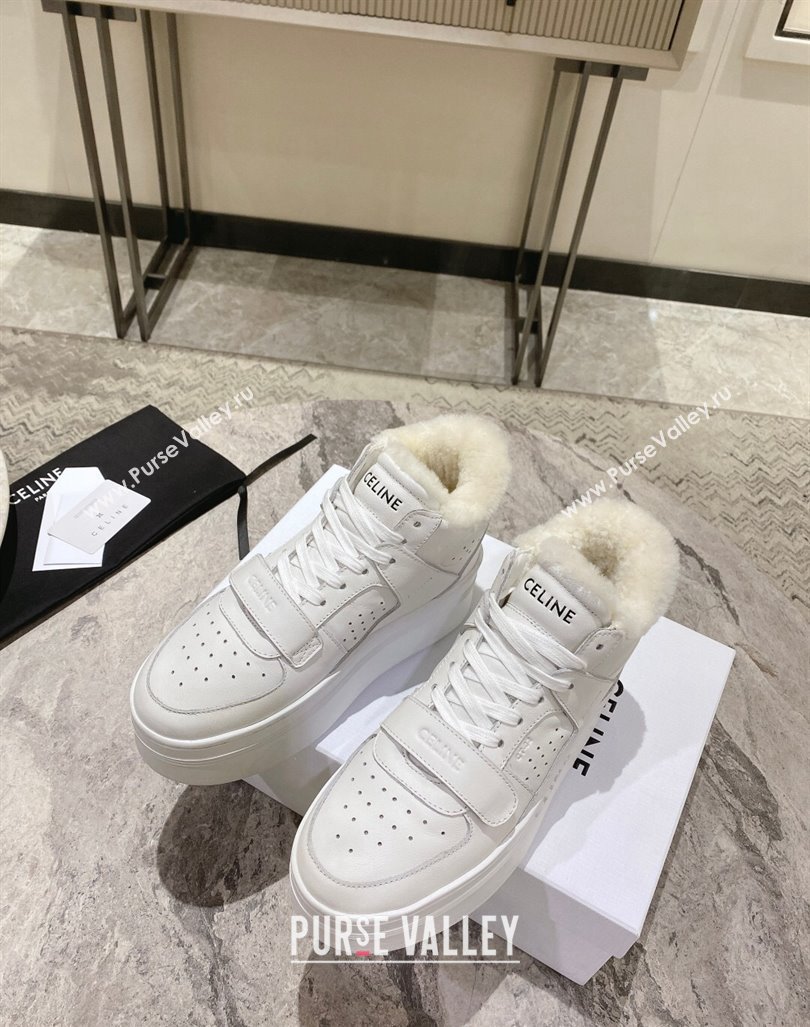 Celine CT-02 Platform Mid Sneakers Velcro in Calfskin and Wool White Leather 2024 CE101201 (KL-241012011)