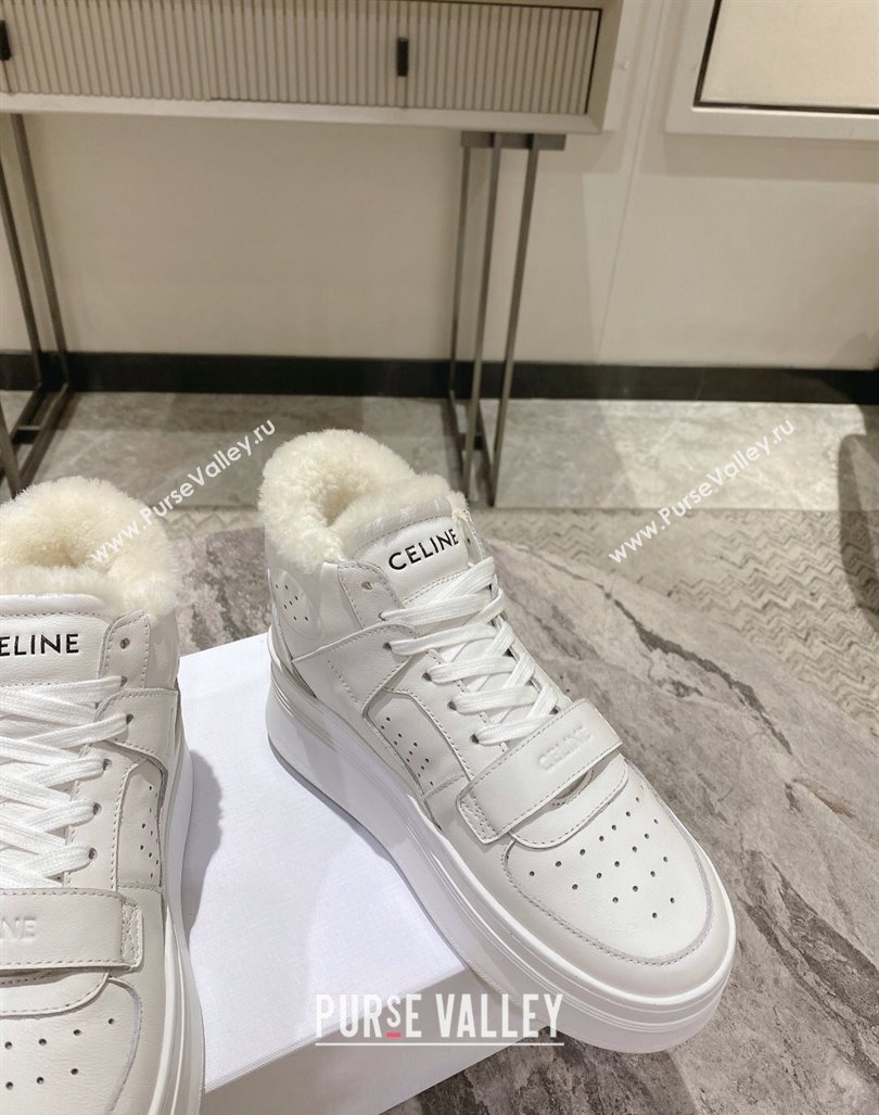 Celine CT-02 Platform Mid Sneakers Velcro in Calfskin and Wool White Leather 2024 CE101201 (KL-241012011)