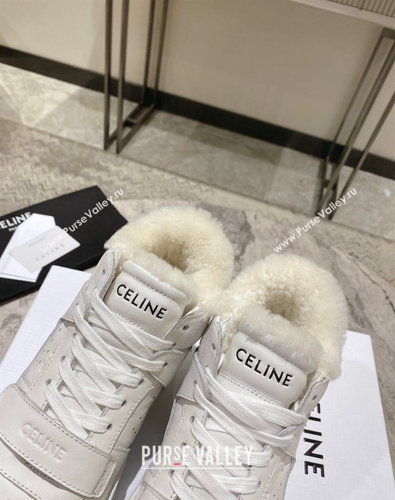 Celine CT-02 Platform Mid Sneakers Velcro in Calfskin and Wool White Leather 2024 CE101201 (KL-241012011)