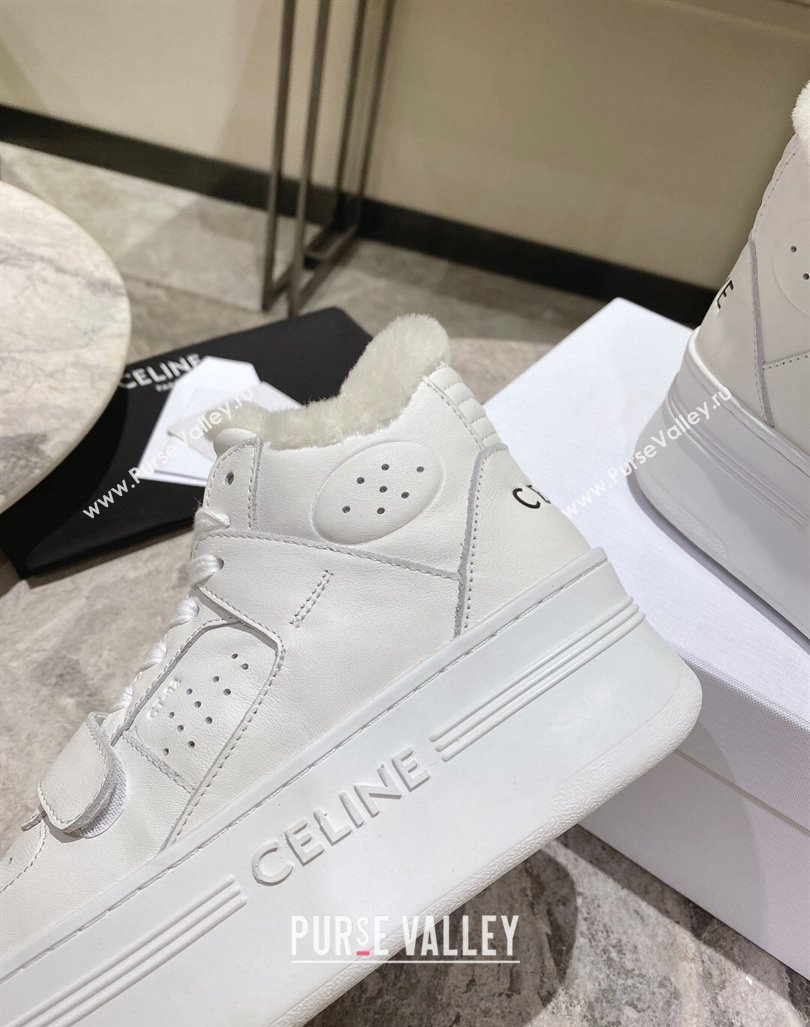 Celine CT-02 Platform Mid Sneakers Velcro in Calfskin and Wool White Leather 2024 CE101201 (KL-241012011)