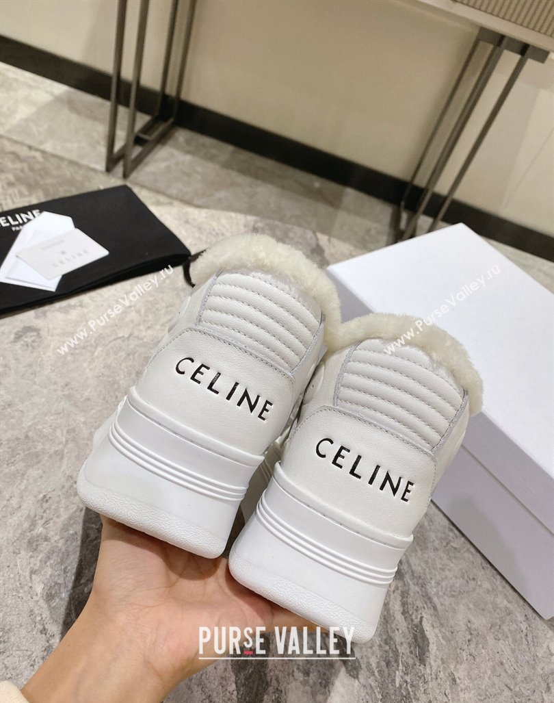 Celine CT-02 Platform Mid Sneakers Velcro in Calfskin and Wool White Leather 2024 CE101201 (KL-241012011)