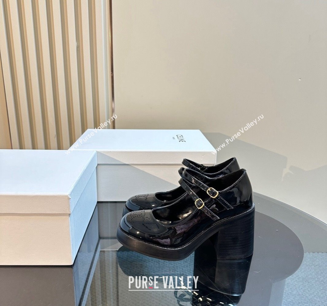 Celine Patent Leather Platform Mary Janes Pumps with Perforated Logo Black 2024 CE101206 (MD-241012035)