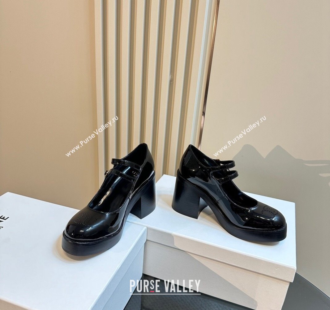 Celine Patent Leather Platform Mary Janes Pumps with Perforated Logo Black 2024 CE101206 (MD-241012035)