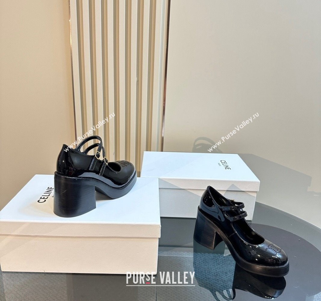 Celine Patent Leather Platform Mary Janes Pumps with Perforated Logo Black 2024 CE101206 (MD-241012035)