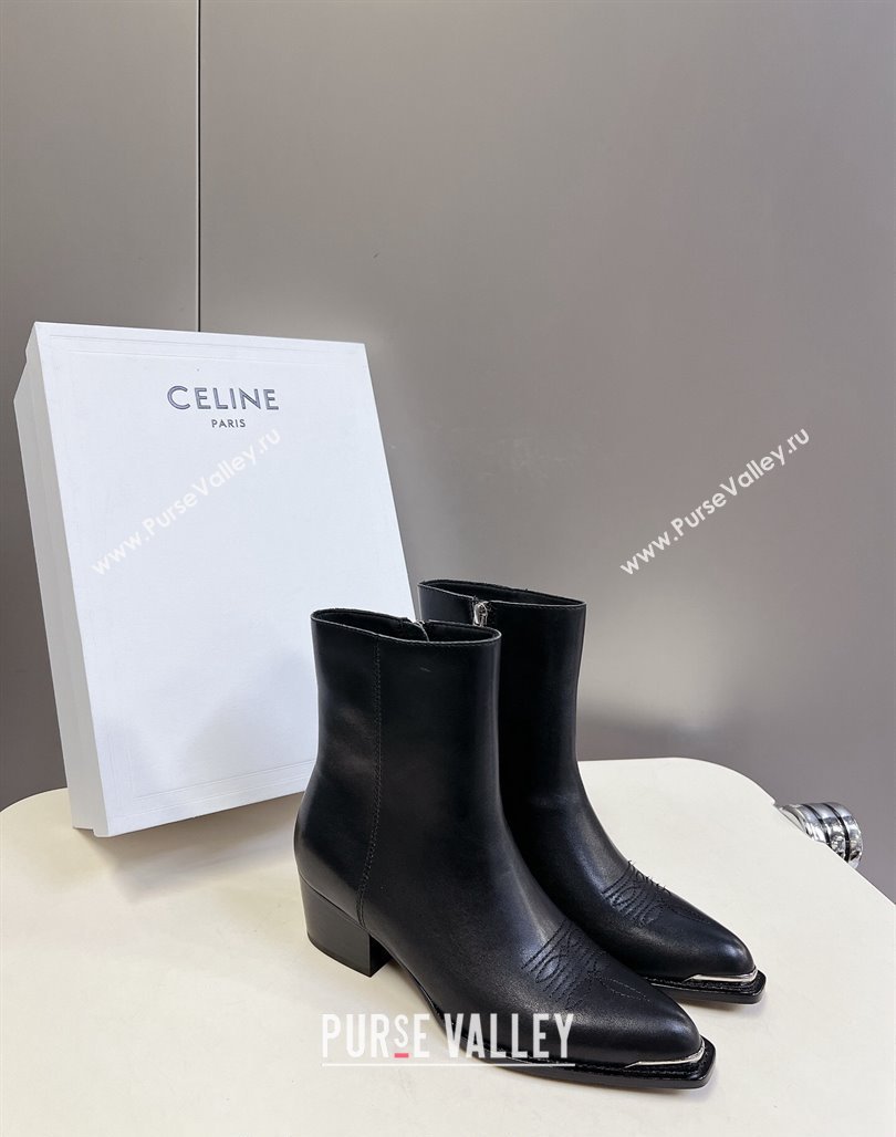 Celine Calfskin Ankle Boots 4.5cm with Metal-Tone Charm Black 2024 CE101205 (MD-241012029)