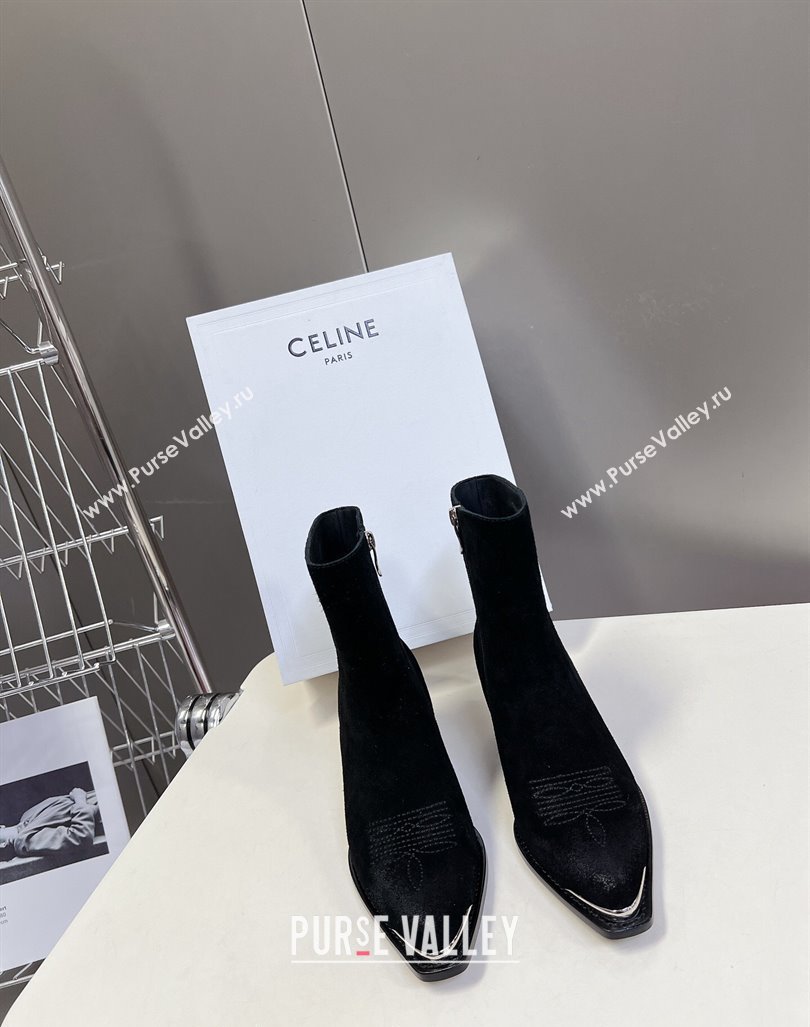 Celine Suede Ankle Boots 4.5cm with Metal-Tone Charm Black 2024 CE101205 (MD-241012030)