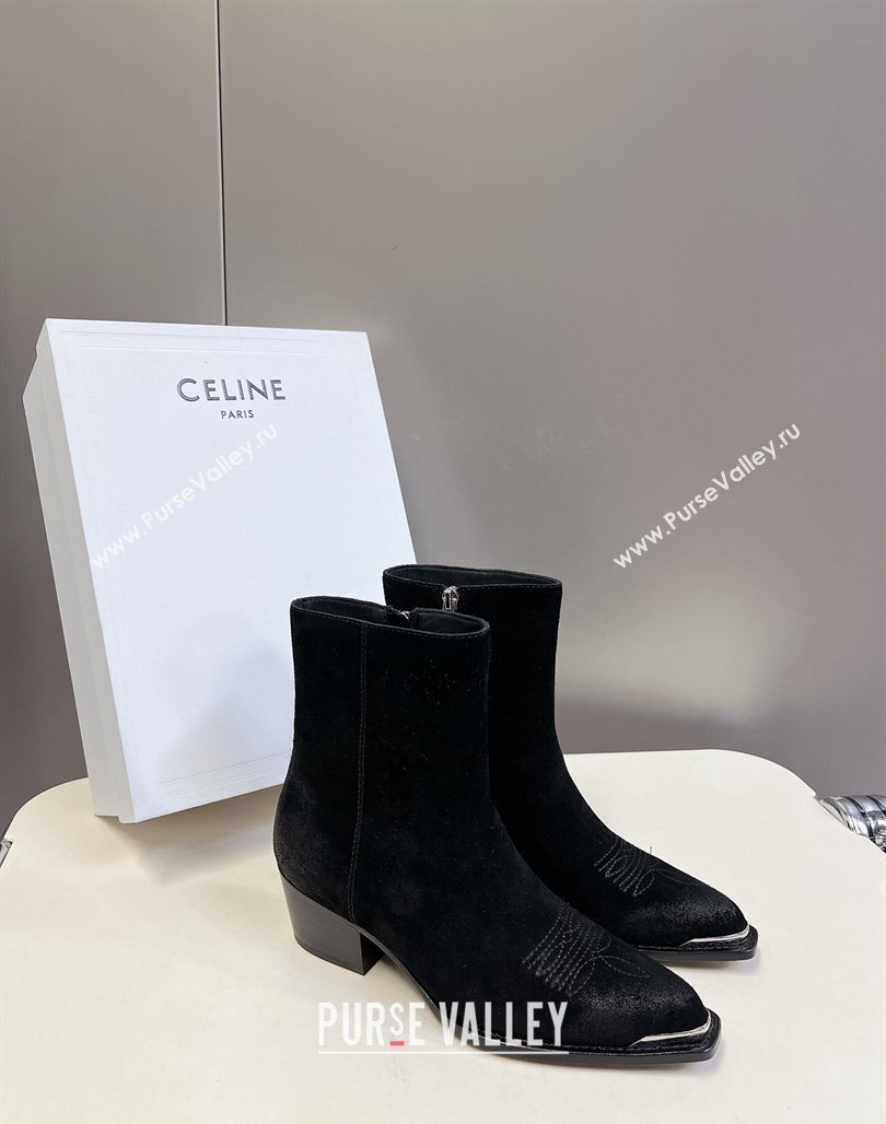 Celine Suede Ankle Boots 4.5cm with Metal-Tone Charm Black 2024 CE101205 (MD-241012030)