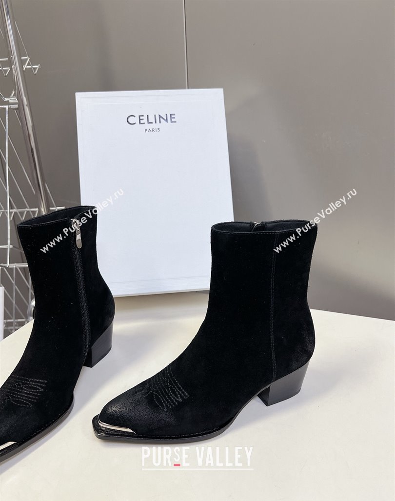 Celine Suede Ankle Boots 4.5cm with Metal-Tone Charm Black 2024 CE101205 (MD-241012030)