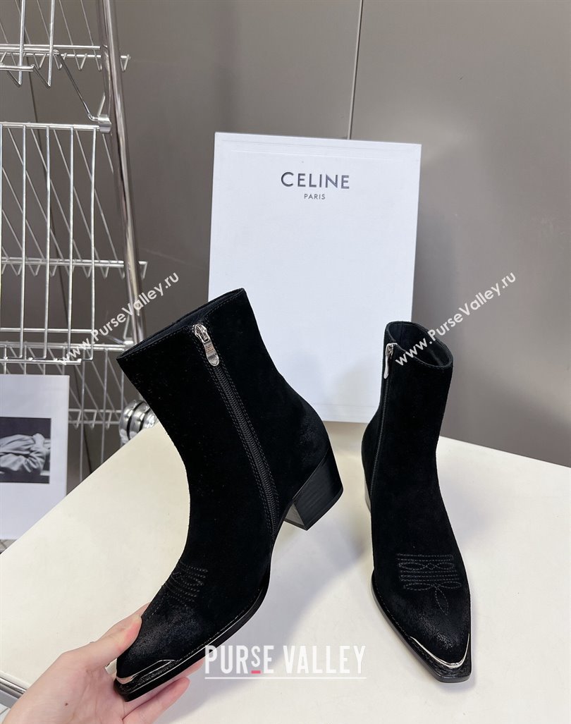 Celine Suede Ankle Boots 4.5cm with Metal-Tone Charm Black 2024 CE101205 (MD-241012030)