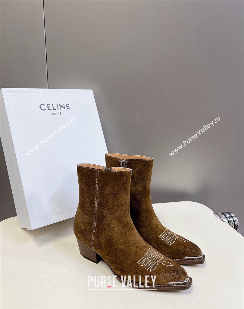 Celine Suede Ankle Boots 4.5cm with Metal-Tone Charm Brown 2024 CE101205 (MD-241012032)