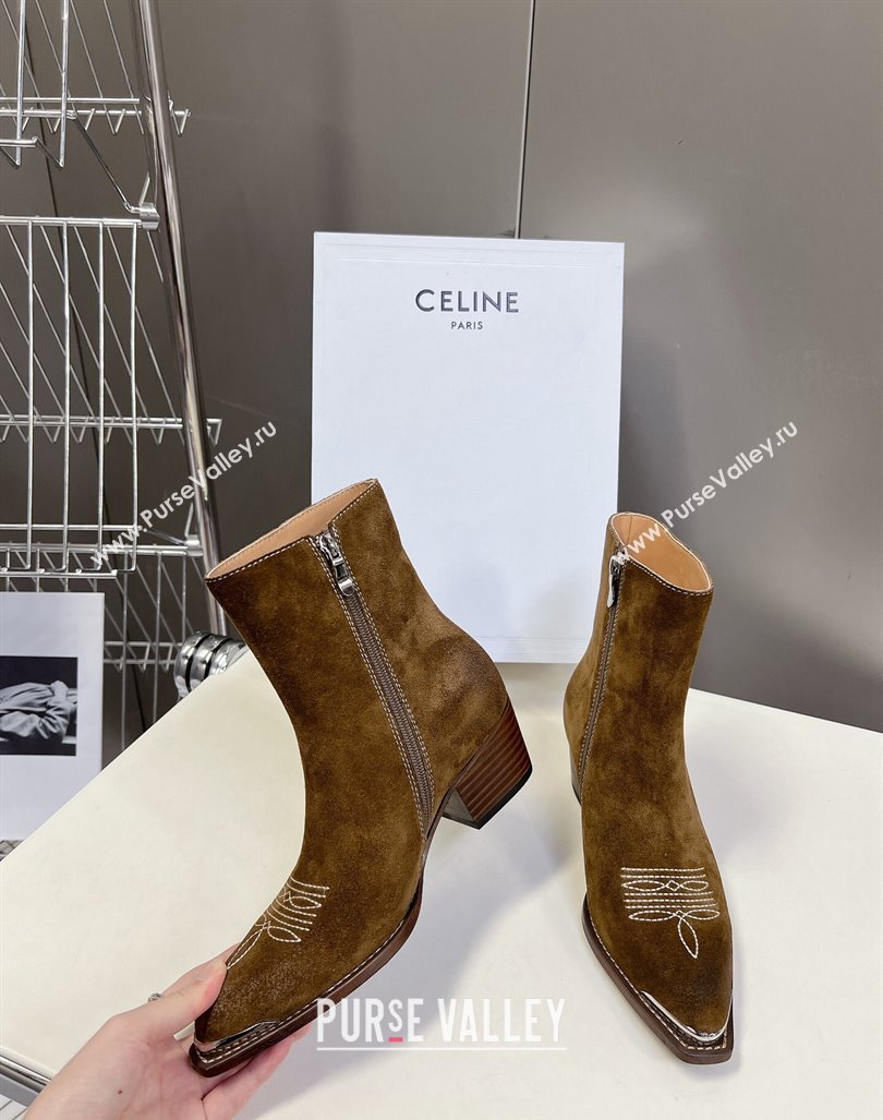 Celine Suede Ankle Boots 4.5cm with Metal-Tone Charm Brown 2024 CE101205 (MD-241012032)