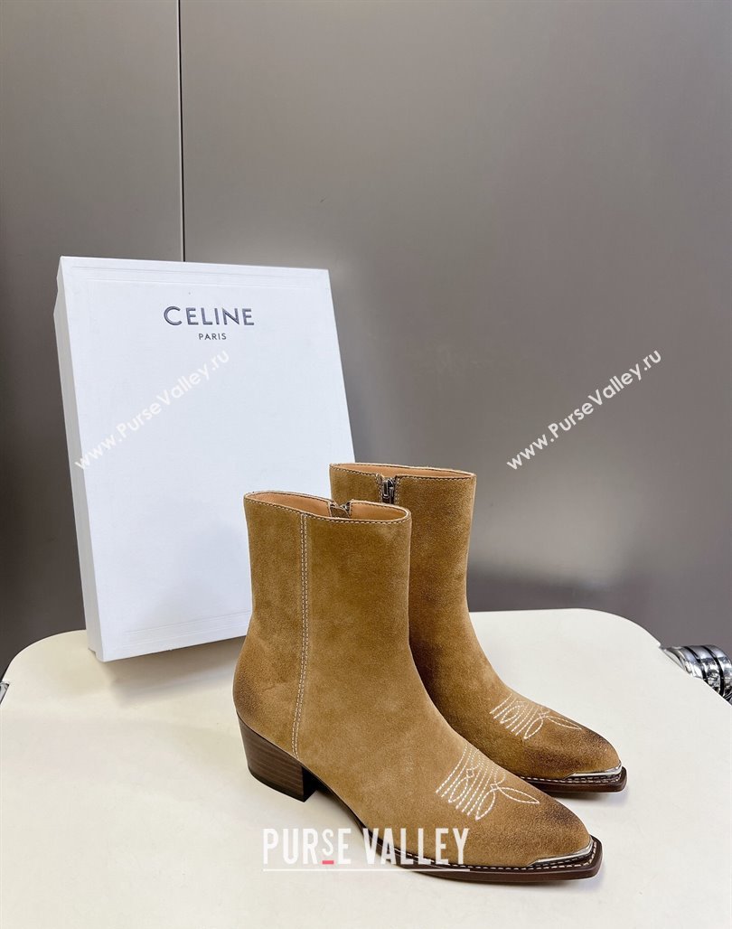 Celine Suede Ankle Boots 4.5cm with Metal-Tone Charm Beige 2024 CE101205 (MD-241012033)