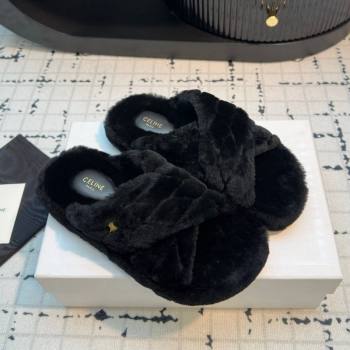 Celine Quilted Wool Flat Slides Sandal with Cross Strap Black 2024 1111 (KL-241112075)