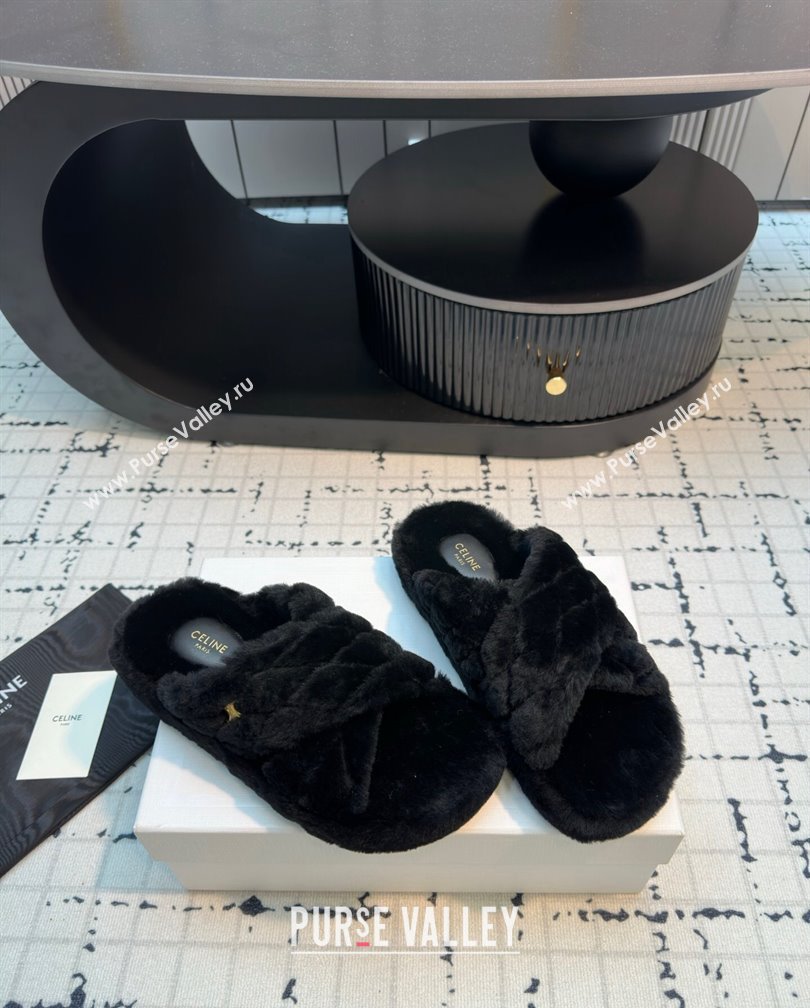 Celine Quilted Wool Flat Slides Sandal with Cross Strap Black 2024 1111 (KL-241112075)