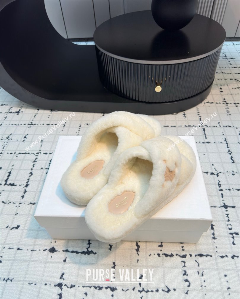 Celine Wool Flat Slides Sandal with Cross Strap White 2024 1112 (KL-241112064)