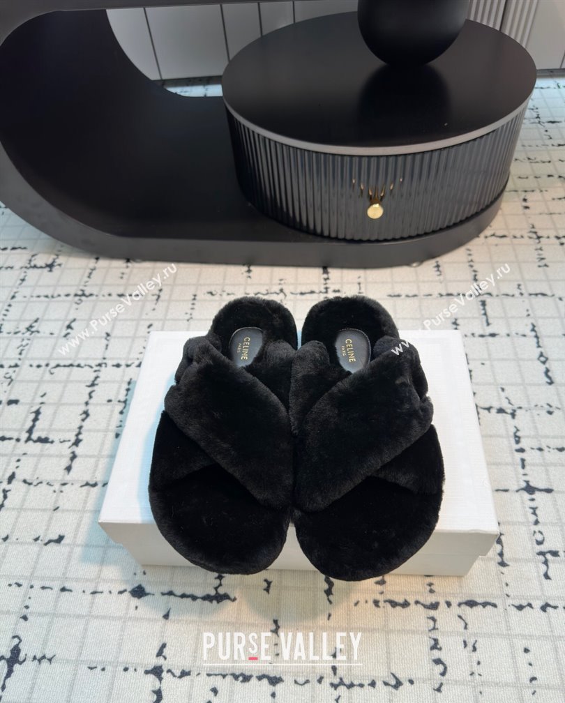 Celine Wool Flat Slides Sandal with Cross Strap Black 2024 1112 (KL-241112062)