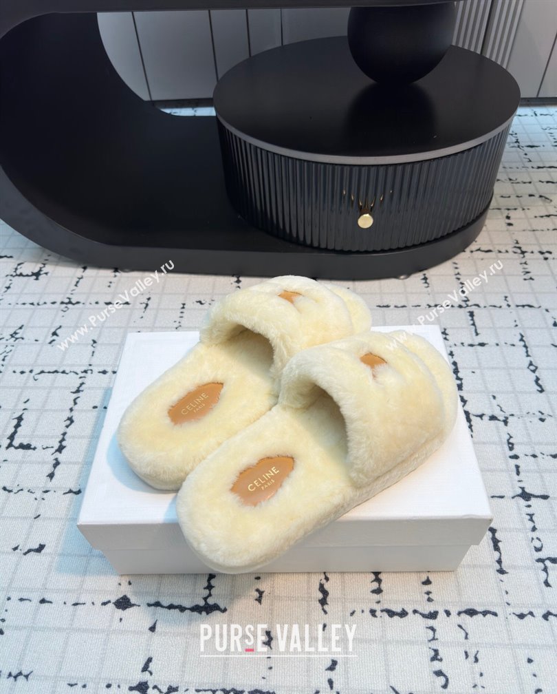 Celine Wool Flat Slides Sandal with Wide Strap Beige 2024 1112 (KL-241112065)