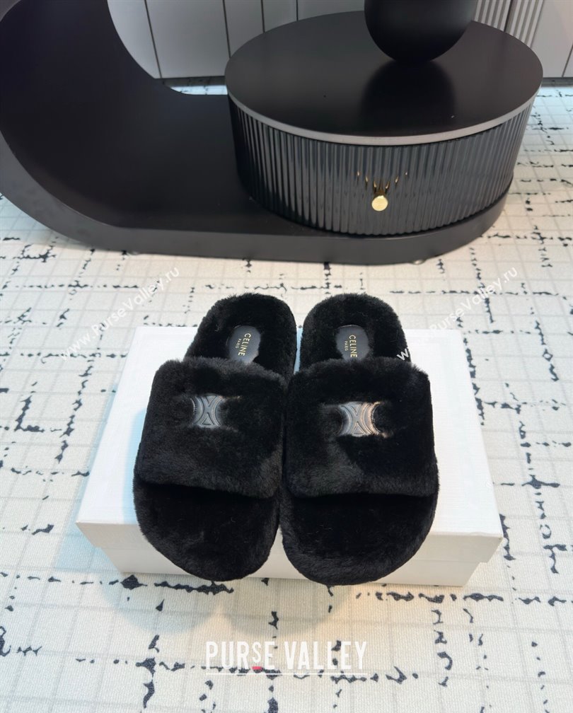 Celine Wool Flat Slides Sandal with Wide Strap Black 2024 1112 (KL-241112066)