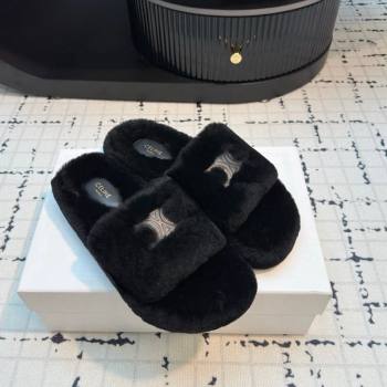 Celine Wool Flat Slides Sandal with Wide Strap Black 2024 1112 (KL-241112066)