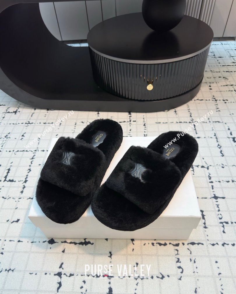 Celine Wool Flat Slides Sandal with Wide Strap Black 2024 1112 (KL-241112066)