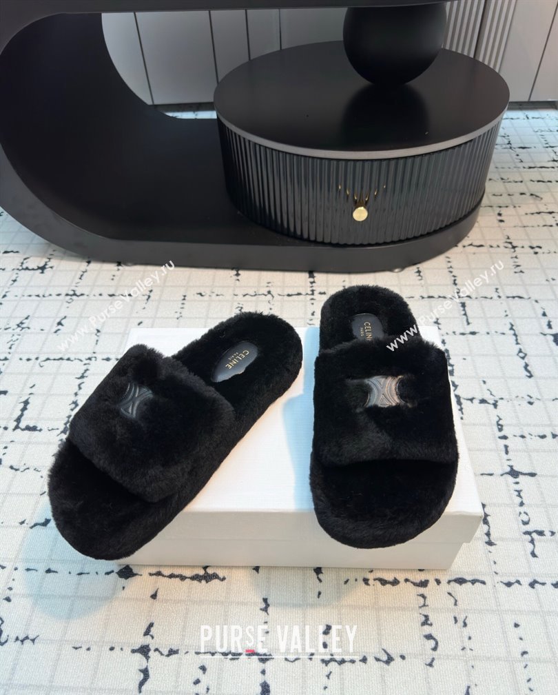 Celine Wool Flat Slides Sandal with Wide Strap Black 2024 1112 (KL-241112066)