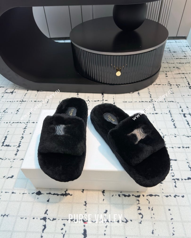 Celine Wool Flat Slides Sandal with Wide Strap Black 2024 1112 (KL-241112066)