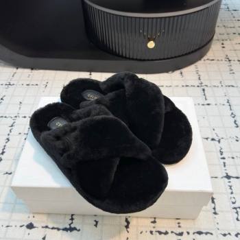 Celine Wool Flat Slides Sandal with Cross Strap Black 2024 1112 (KL-241112062)