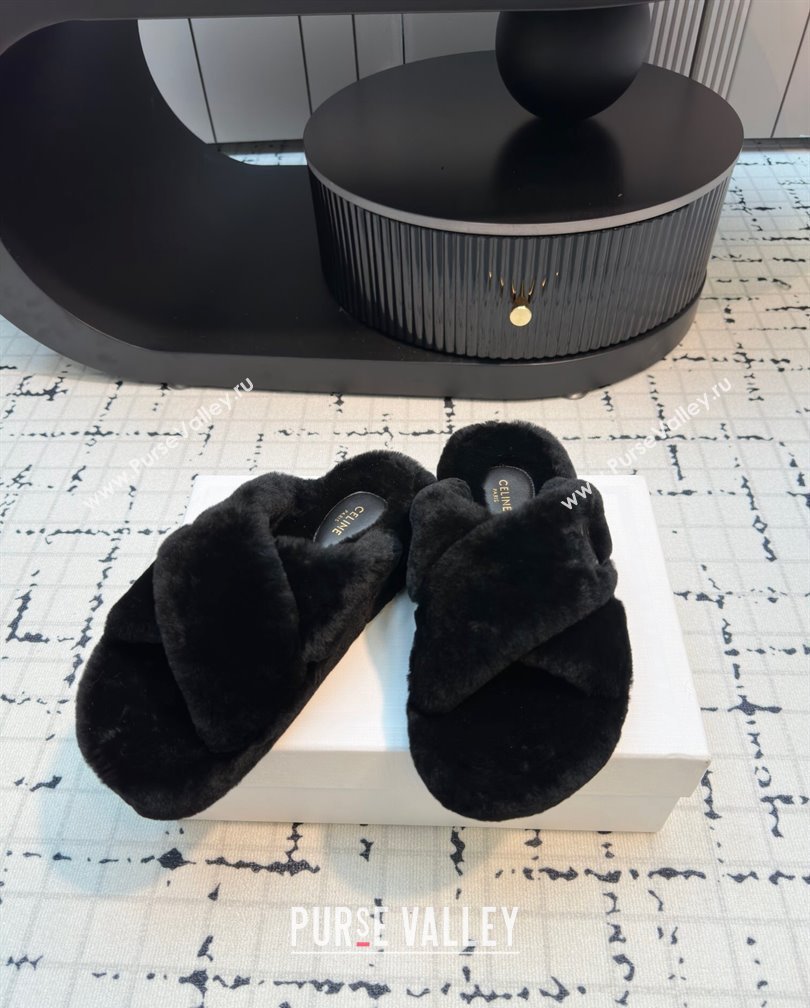 Celine Wool Flat Slides Sandal with Cross Strap Black 2024 1112 (KL-241112062)