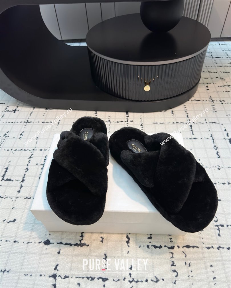 Celine Wool Flat Slides Sandal with Cross Strap Black 2024 1112 (KL-241112062)