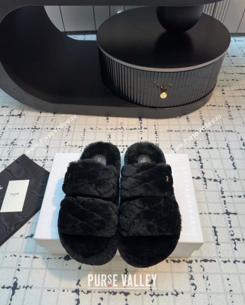 Celine Quilted Wool Flat Slides Sandal with Double Strap Black 2024 1111 (KL-241112071)