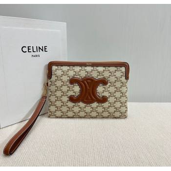 Celine Small Pouch with Strap in Triomphe Textile and Calfskin White 2024 10J502 (BL-241212002)