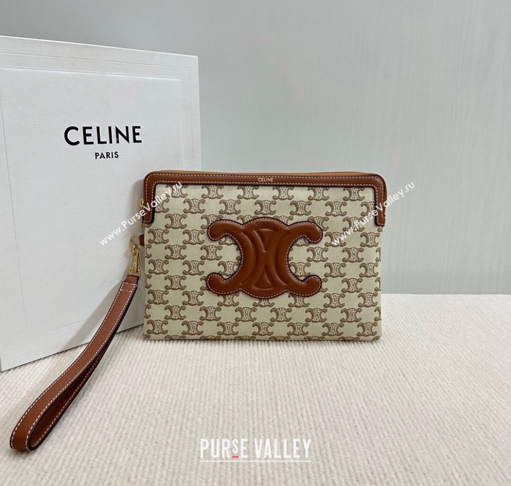 Celine Small Pouch with Strap in Triomphe Textile and Calfskin White 2024 10J502 (BL-241212002)