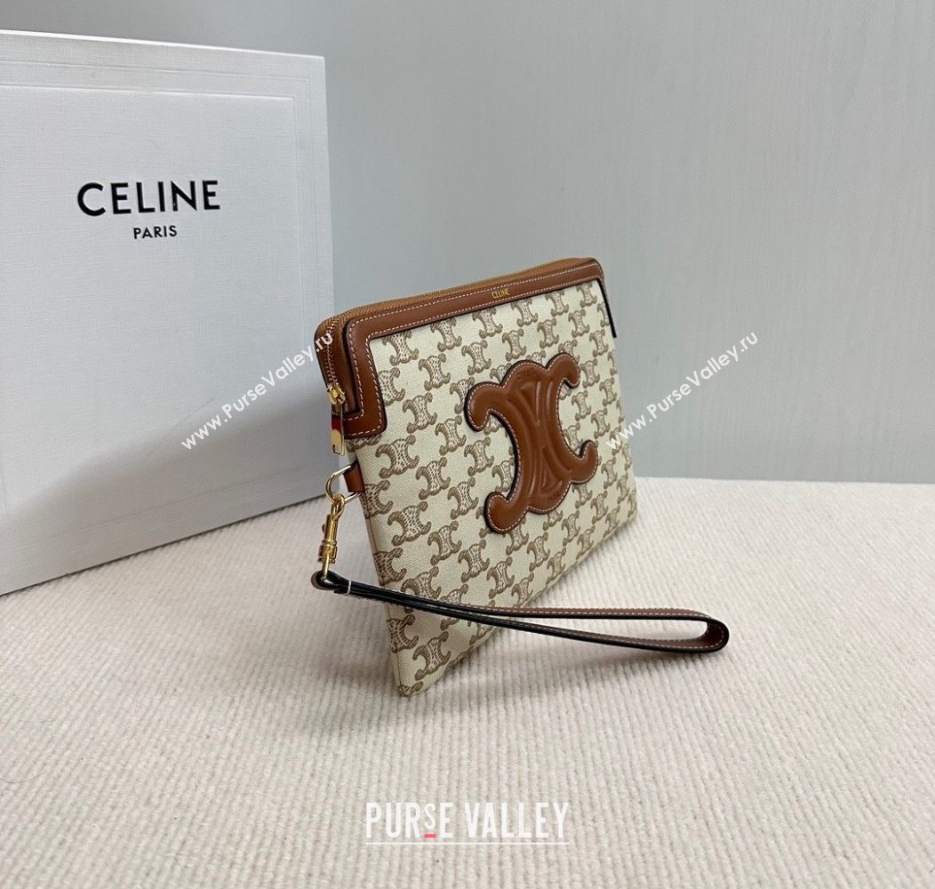 Celine Small Pouch with Strap in Triomphe Textile and Calfskin White 2024 10J502 (BL-241212002)