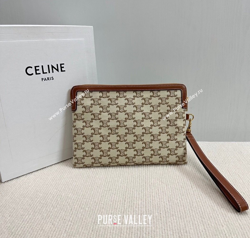 Celine Small Pouch with Strap in Triomphe Textile and Calfskin White 2024 10J502 (BL-241212002)