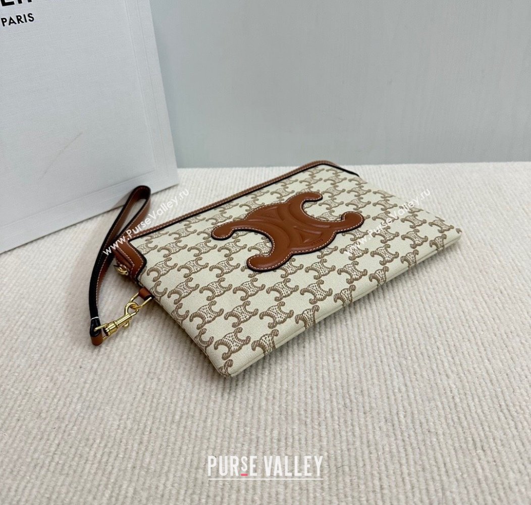 Celine Small Pouch with Strap in Triomphe Textile and Calfskin White 2024 10J502 (BL-241212002)