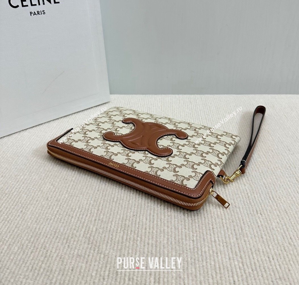 Celine Small Pouch with Strap in Triomphe Textile and Calfskin White 2024 10J502 (BL-241212002)