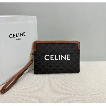 Celine Small Pouch with Strap in Triomphe Canvas with CELINE Print Tan Brown 2024 10J502 (BL-241212003)