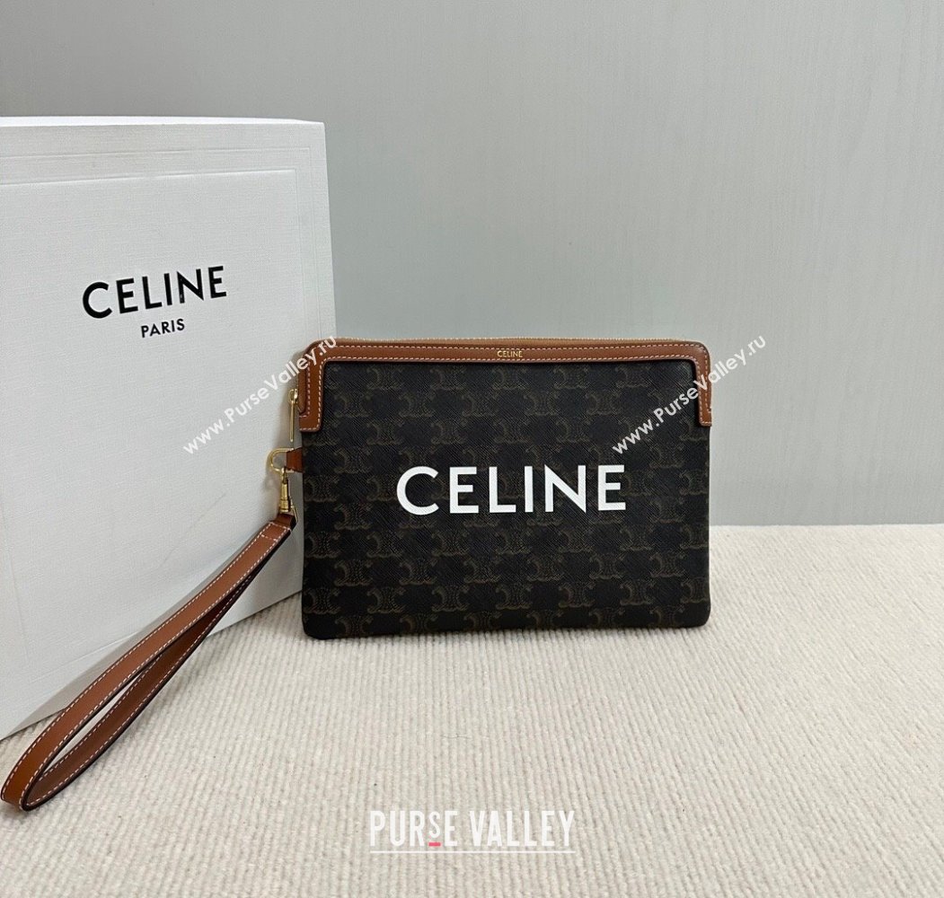 Celine Small Pouch with Strap in Triomphe Canvas with CELINE Print Tan Brown 2024 10J502 (BL-241212003)