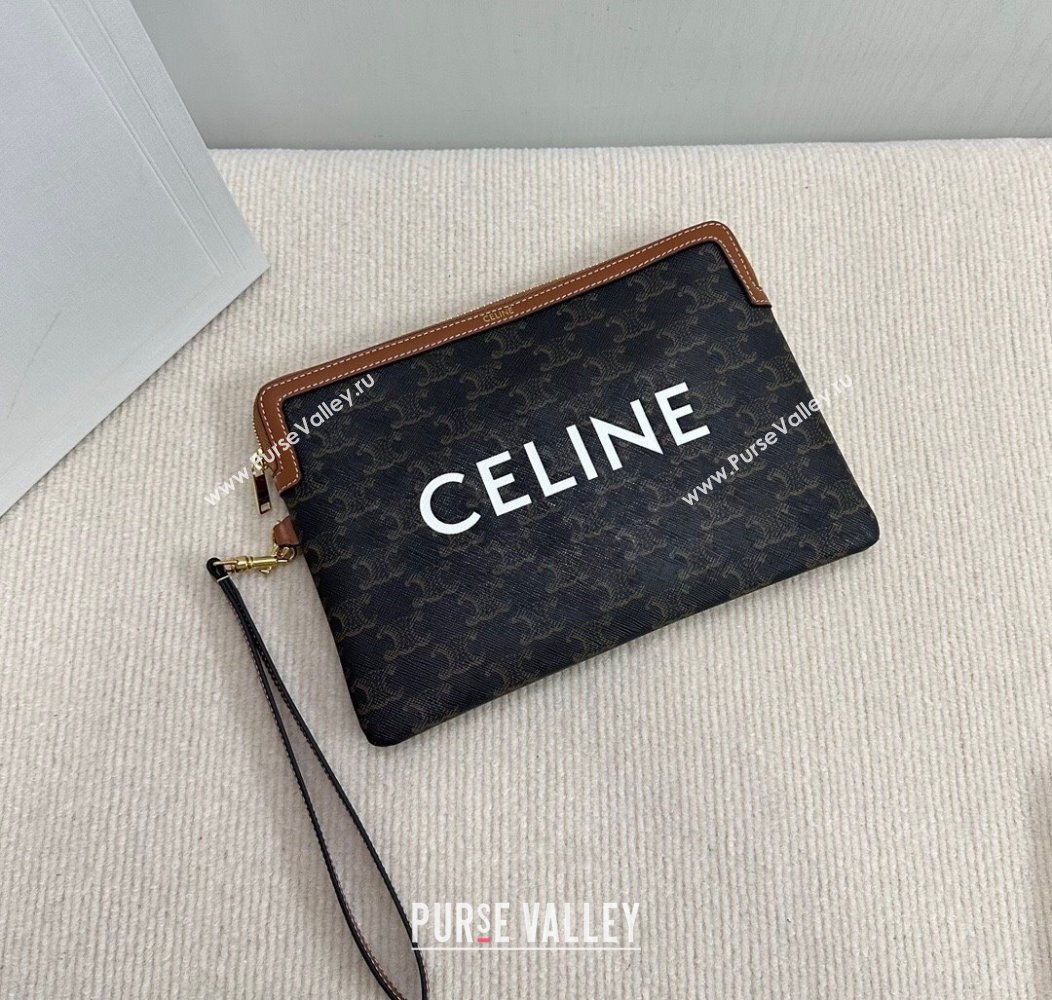 Celine Small Pouch with Strap in Triomphe Canvas with CELINE Print Tan Brown 2024 10J502 (BL-241212003)