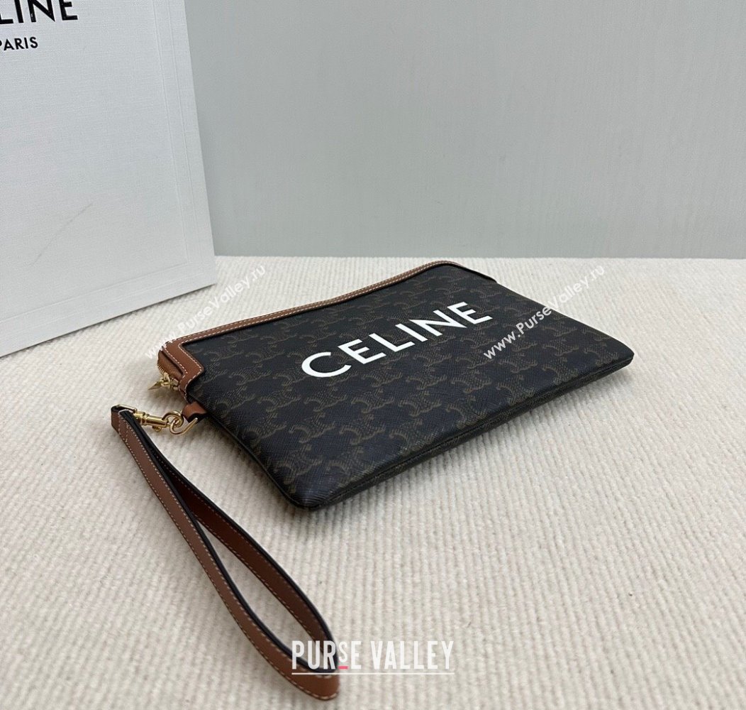 Celine Small Pouch with Strap in Triomphe Canvas with CELINE Print Tan Brown 2024 10J502 (BL-241212003)