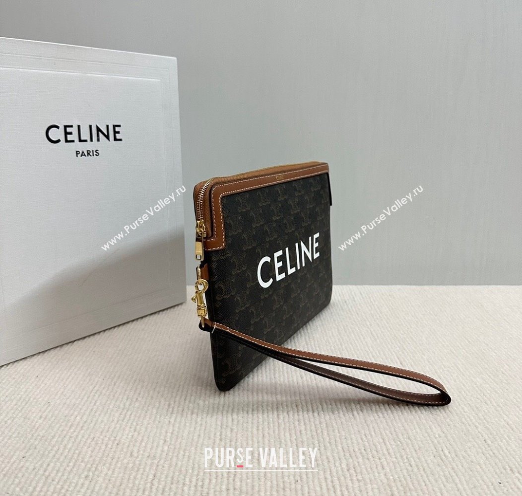 Celine Small Pouch with Strap in Triomphe Canvas with CELINE Print Tan Brown 2024 10J502 (BL-241212003)